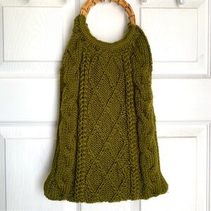 Anthropologie Green Cable Knit Tote Bag Purse with wood handle